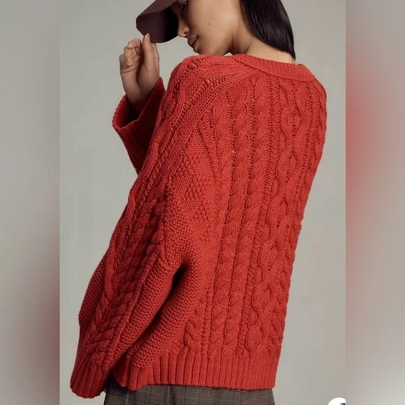 Anthropologie Maeve Red Cable Knit Wide Sleeve Sweater M - Picture 2 of 4